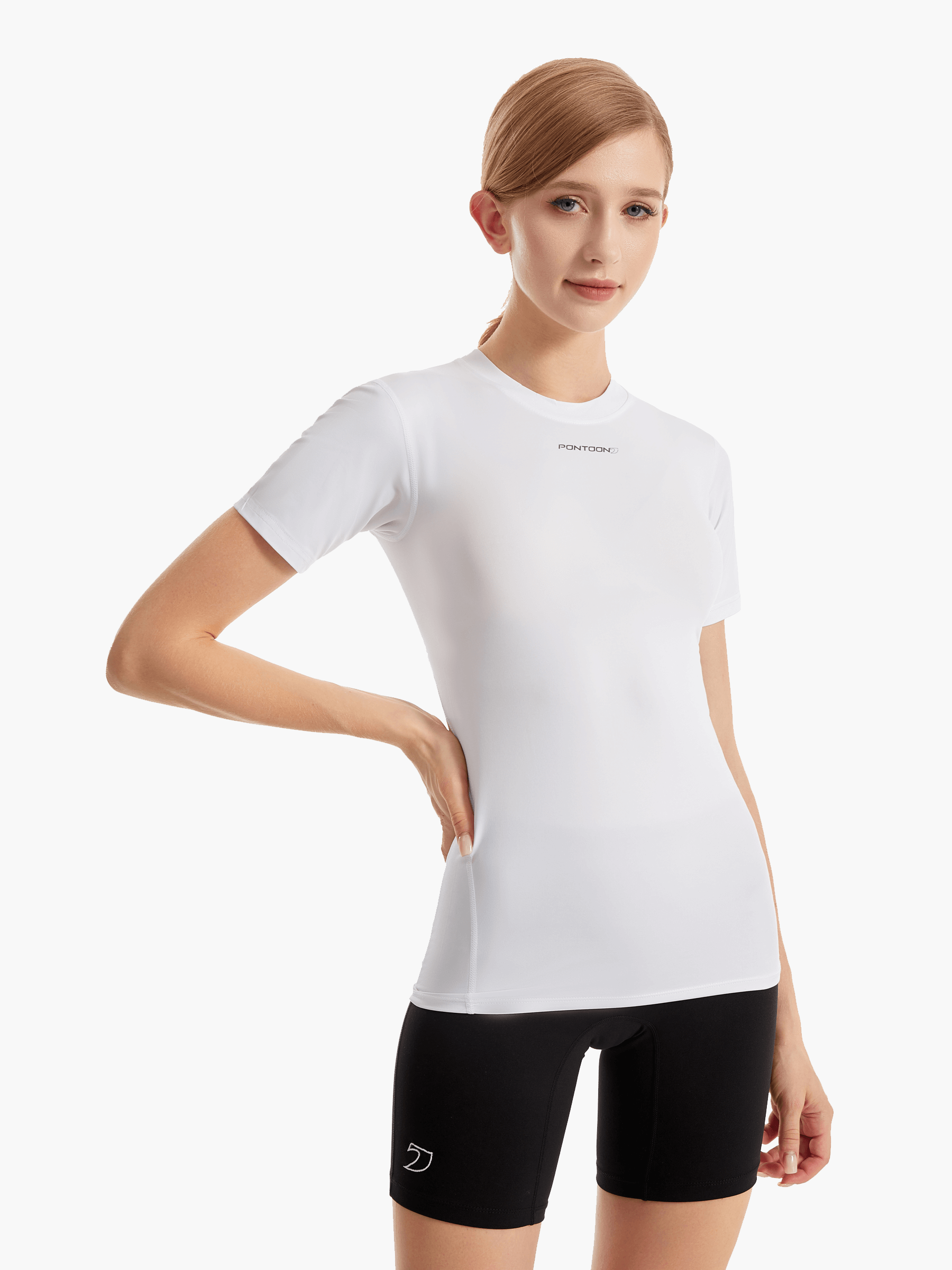 Angled front view of the SolarShield UVTee for Ladies in white, showcasing its moisture-wicking properties, seamless construction, and stylish fit designed for female rowers.