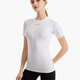 Front view of the SolarShield UVTee for Ladies in white, featuring SPF 50+ UV protection, feather-light water-resistant fabric, and a tailored fit for rowing and outdoor activities.