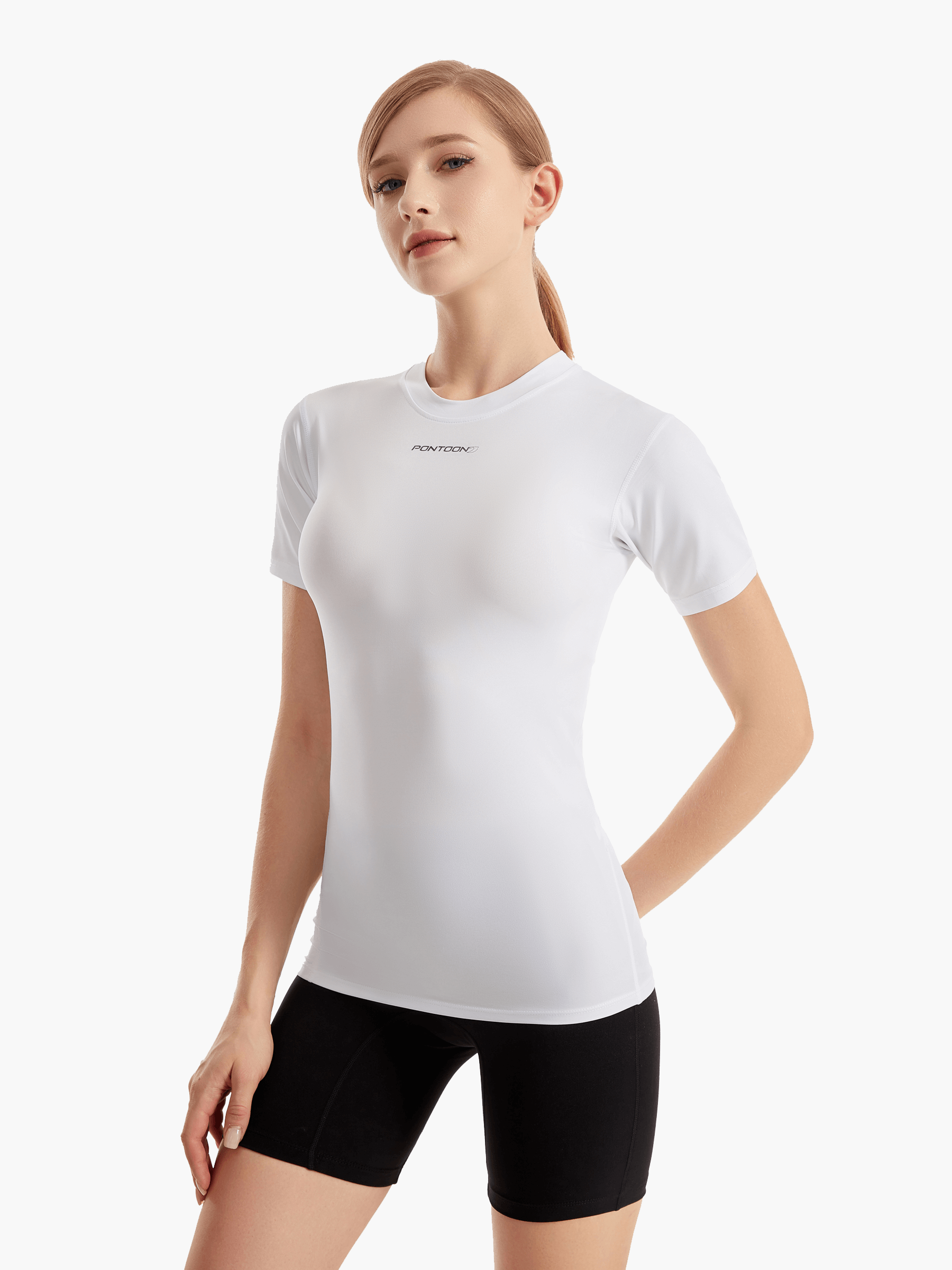 Front view of the SolarShield UVTee for Ladies in white, featuring SPF 50+ UV protection, feather-light water-resistant fabric, and a tailored fit for rowing and outdoor activities.