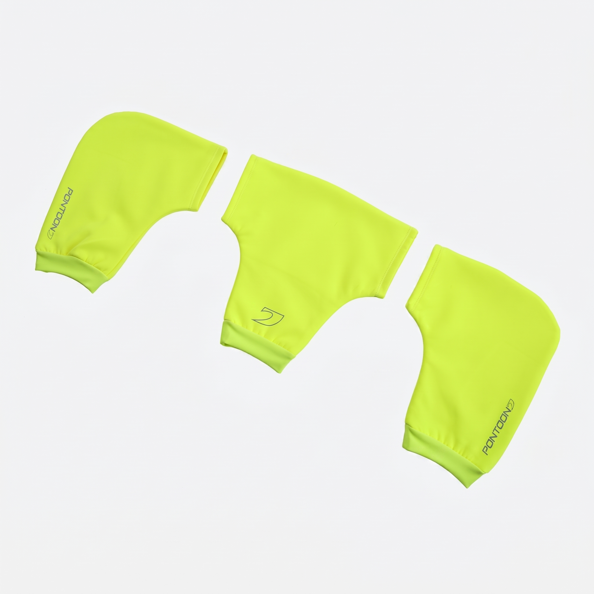 Pontoon Sports High Viz Pogies rowing hand warmers displayed on light grey background, front view showing oar handle opening