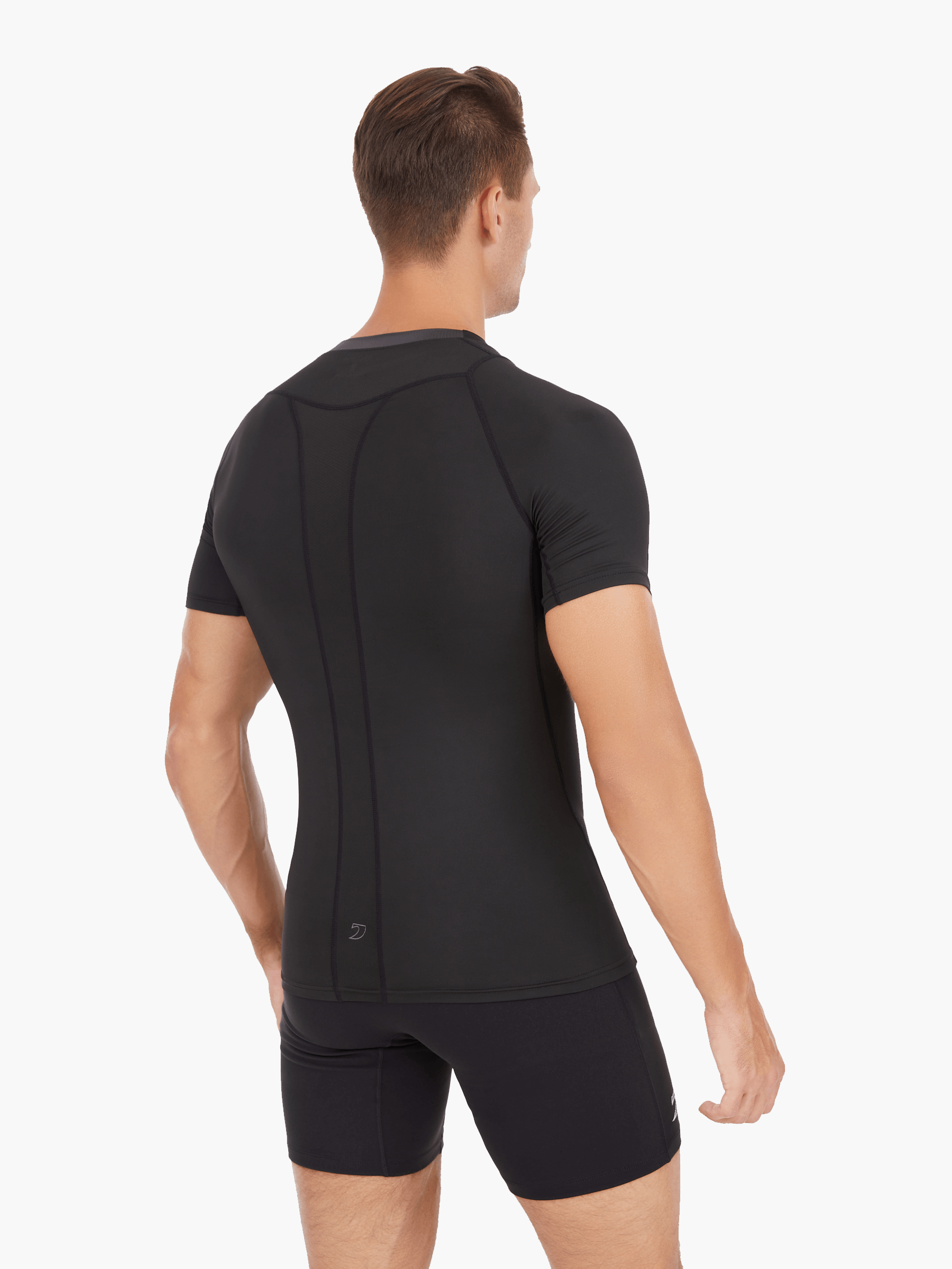 Back view of the Pontoon Elite Mesh UVTee in black, featuring strategically placed mesh paneling for maximum airflow and 50+ UV protection, ideal for rowing and outdoor activities.