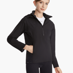 Angled front view of the SprayShield Pro Rowing Jacket in black, showcasing the ergonomic high-cut front and fold-away hood for wind and rain protection during rowing.