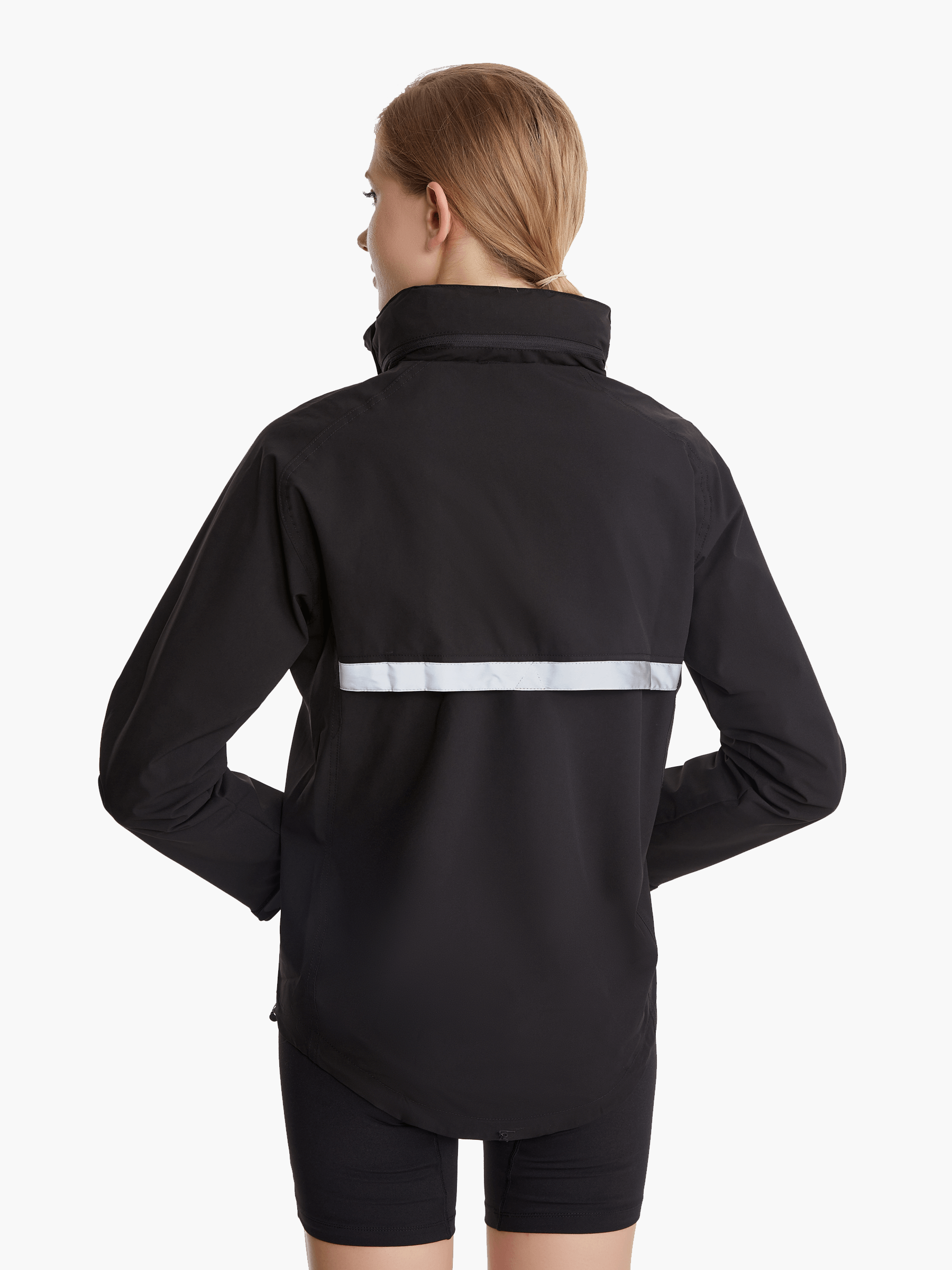Back view of the SprayShield Pro Rowing Jacket in black, featuring a high-visibility strip on the back flap and waterproof fabric designed for safety and comfort during rowing sessions