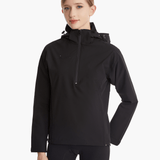 Front view of the SprayShield Pro Rowing Jacket in black, featuring a high-visibility back flap, ergonomic scoop back, and 5000mm waterproof fabric for rowing and paddling.