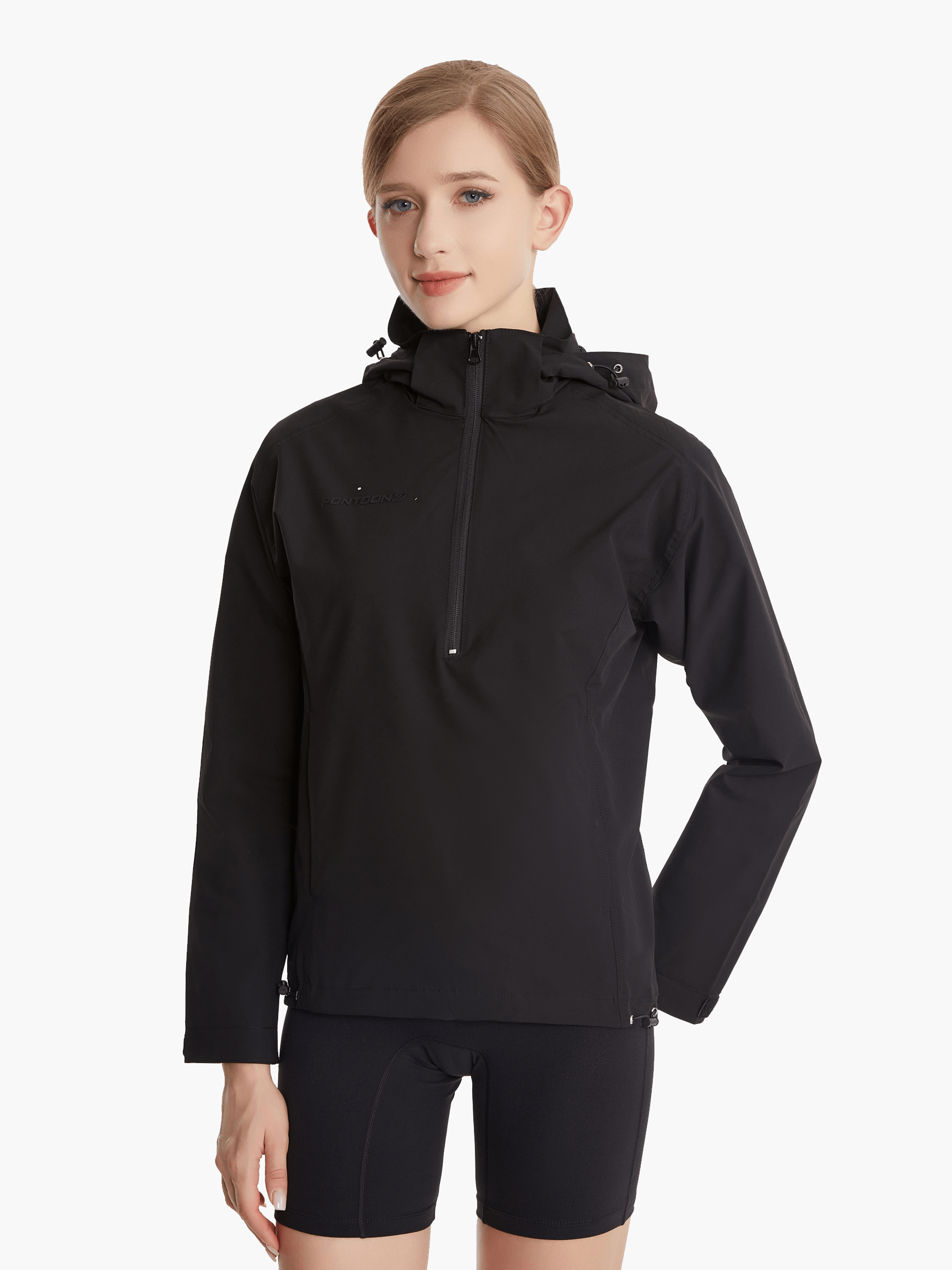 Front view of the SprayShield Pro Rowing Jacket in black, featuring a high-visibility back flap, ergonomic scoop back, and 5000mm waterproof fabric for rowing and paddling.