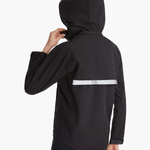 Angled back view of the SprayShield Pro Rowing Jacket in black, showing the fold-away hood, reflective detailing, and adjustable fit for protection during rowing in all conditions.