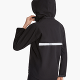 Angled back view of the SprayShield Pro Rowing Jacket in black, showing the fold-away hood, reflective detailing, and adjustable fit for protection during rowing in all conditions.