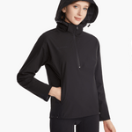 Side view of the SprayShield Pro Rowing Jacket in black, with the hood up, highlighting its weather-ready construction and practical fit for rowers.