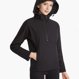 Side view of the SprayShield Pro Rowing Jacket in black, with the hood up, highlighting its weather-ready construction and practical fit for rowers.