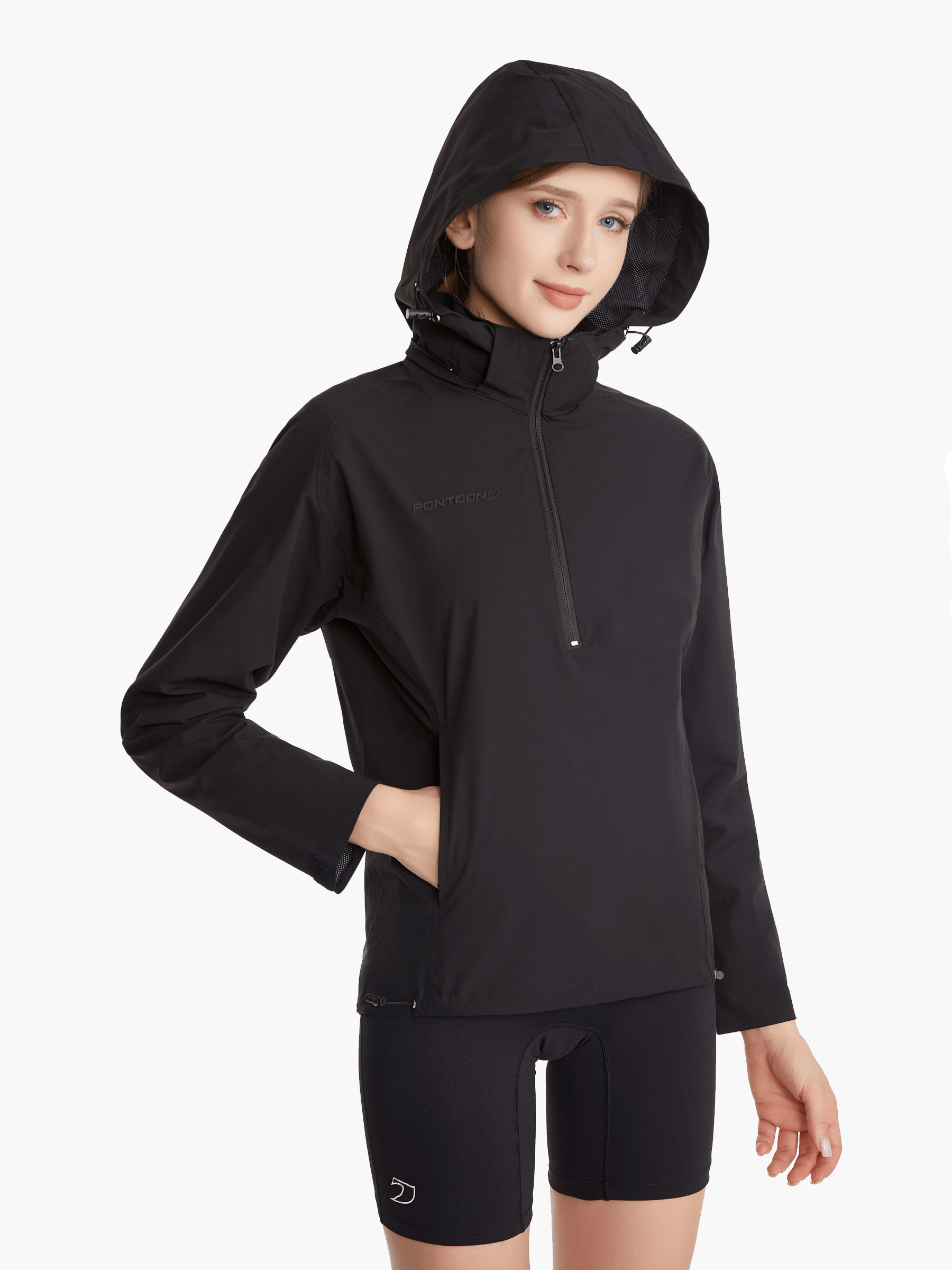 Side view of the SprayShield Pro Rowing Jacket in black, with the hood up, highlighting its weather-ready construction and practical fit for rowers.