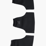 Top-down view of the Pontoon Rowing Pogies in black, showing the three-piece set designed for sculling and sweeping, made from durable waterproof fabric for thermal protection and optimal oar control.