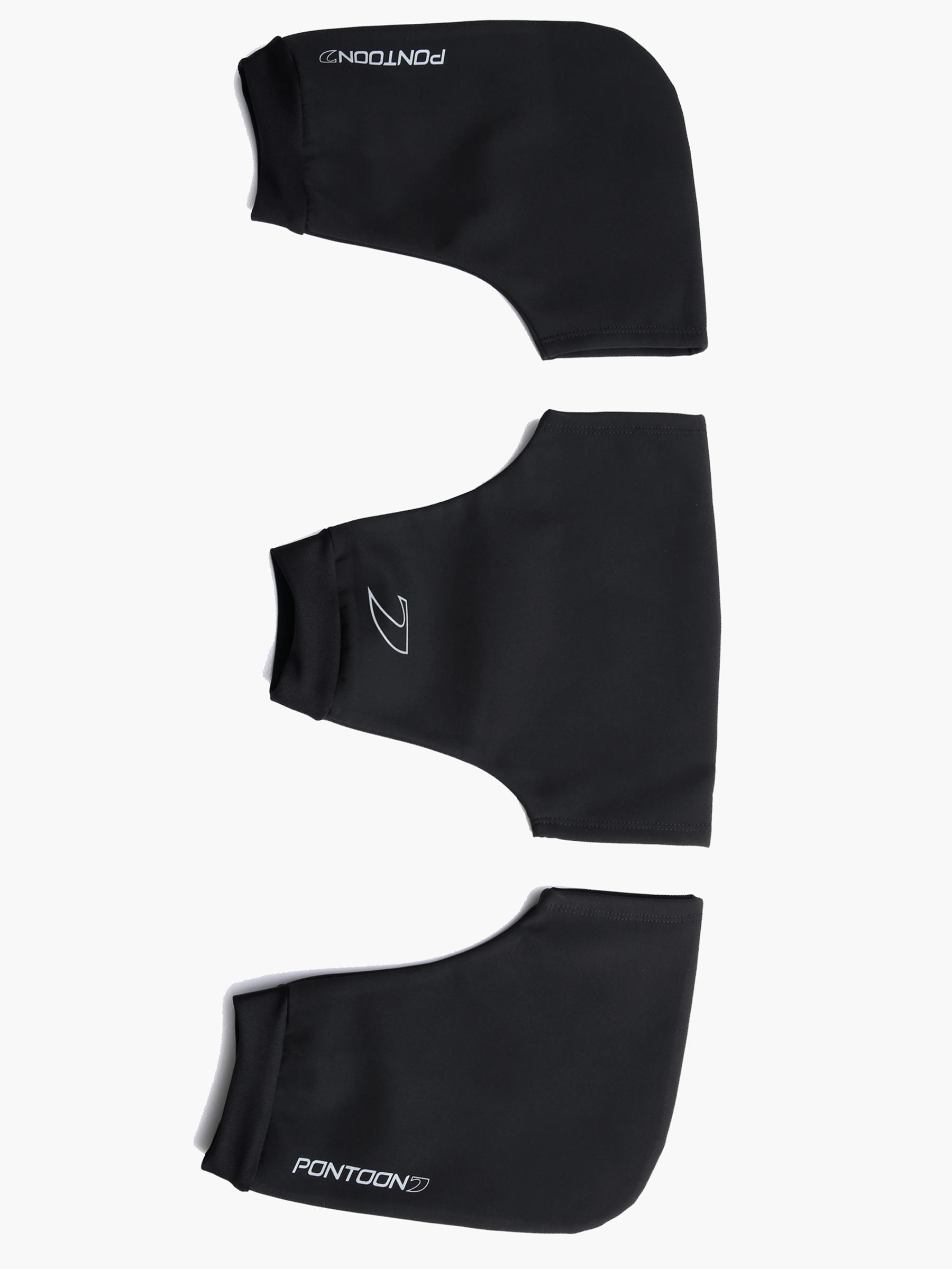 Top-down view of the Pontoon Rowing Pogies in black, showing the three-piece set designed for sculling and sweeping, made from durable waterproof fabric for thermal protection and optimal oar control.