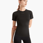 Front view of the SolarShield UVTee for Ladies in black, featuring SPF 50+ UV protection, lightweight water-resistant fabric, and a tailored fit for rowing and outdoor training.