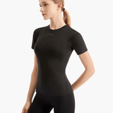 Side view of the SolarShield UVTee for Ladies in black, highlighting its breathable, moisture-wicking fabric and ergonomic design for maximum comfort during rowing sessions.
