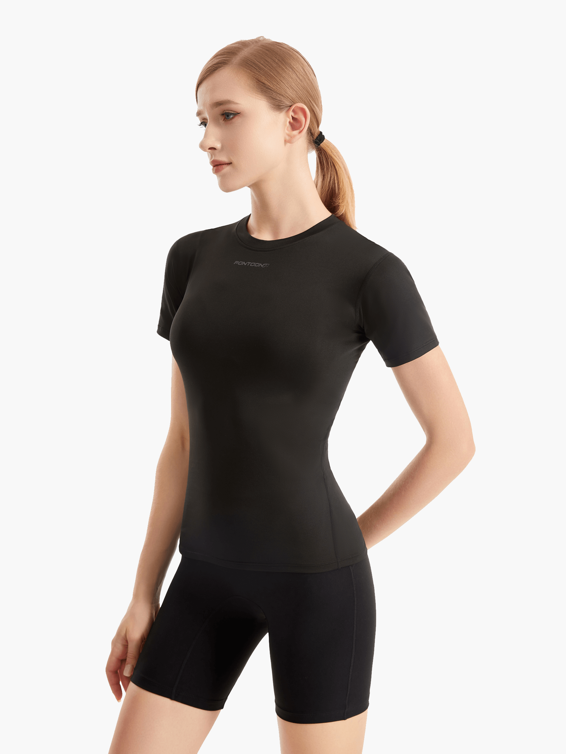 Side view of the SolarShield UVTee for Ladies in black, highlighting its breathable, moisture-wicking fabric and ergonomic design for maximum comfort during rowing sessions.