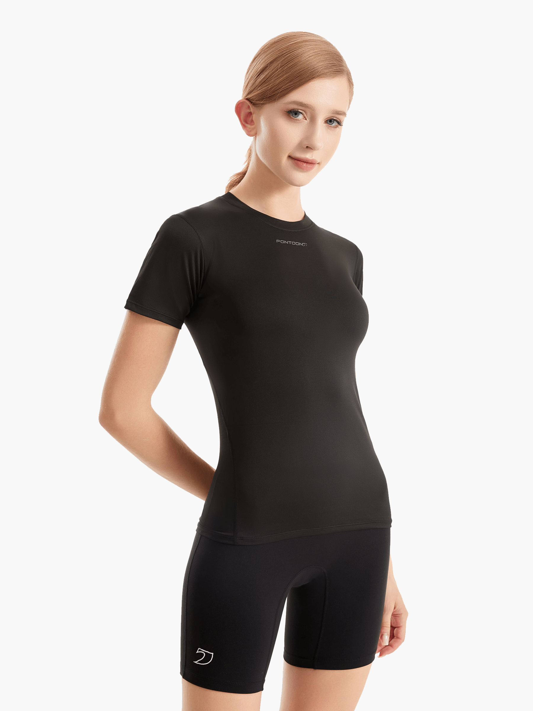 Side view of the SolarShield UVTee for Ladies in black, highlighting its breathable, moisture-wicking fabric and ergonomic design for maximum comfort during rowing sessions.
