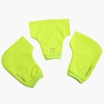 Three Pontoon Rowing Pogies in high visibility green, displayed together, highlighting their ergonomic design, thermal insulation, and waterproof material, ideal for rowing in cold or wet conditions.