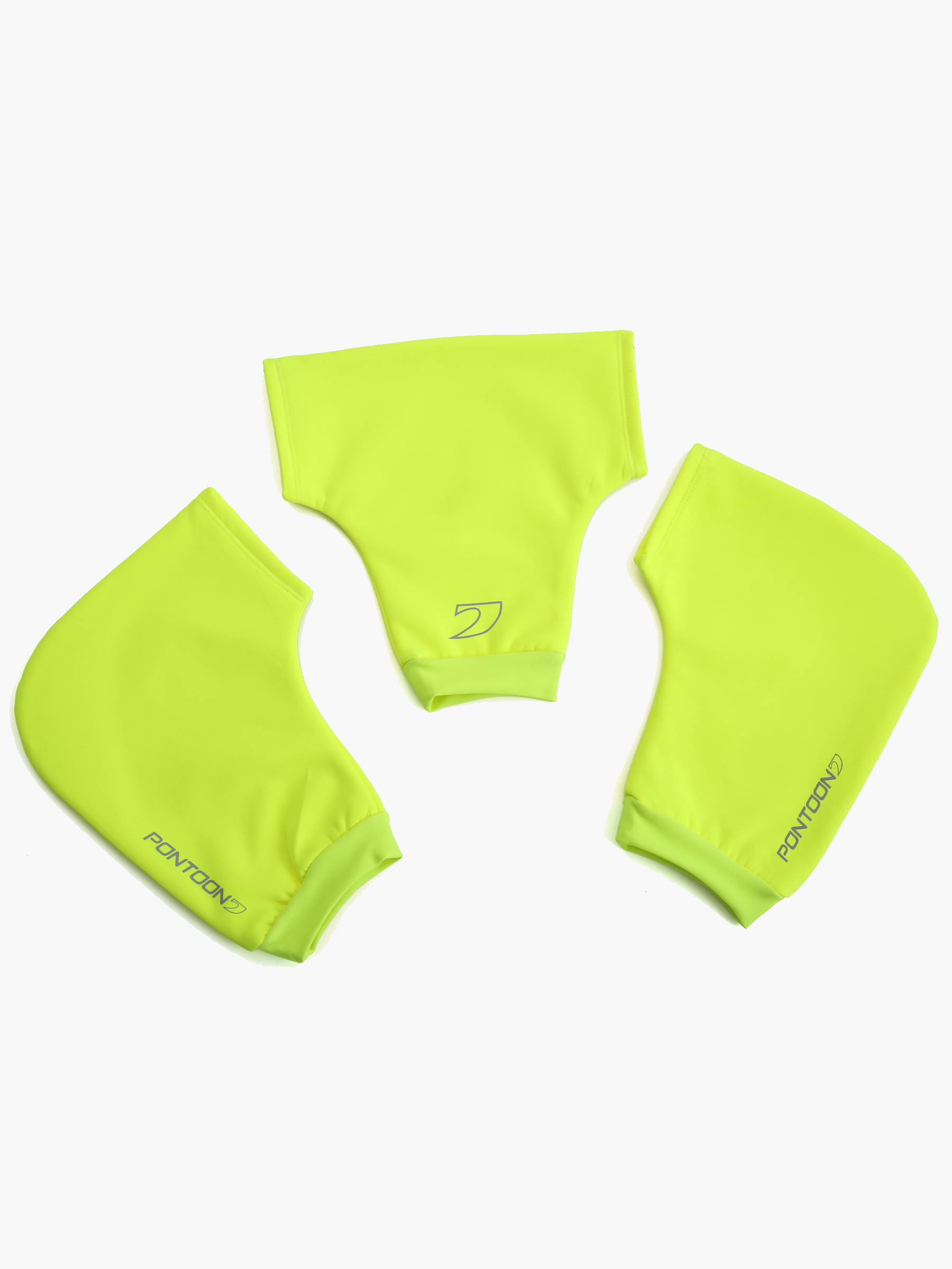 Three Pontoon Rowing Pogies in high visibility green, displayed together, highlighting their ergonomic design, thermal insulation, and waterproof material, ideal for rowing in cold or wet conditions.