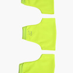 Top-down view of the Pontoon Rowing Pogies in high visibility green, showing the three-piece set designed for sculling and sweeping, made from waterproof fabric for thermal protection and optimal oar control.