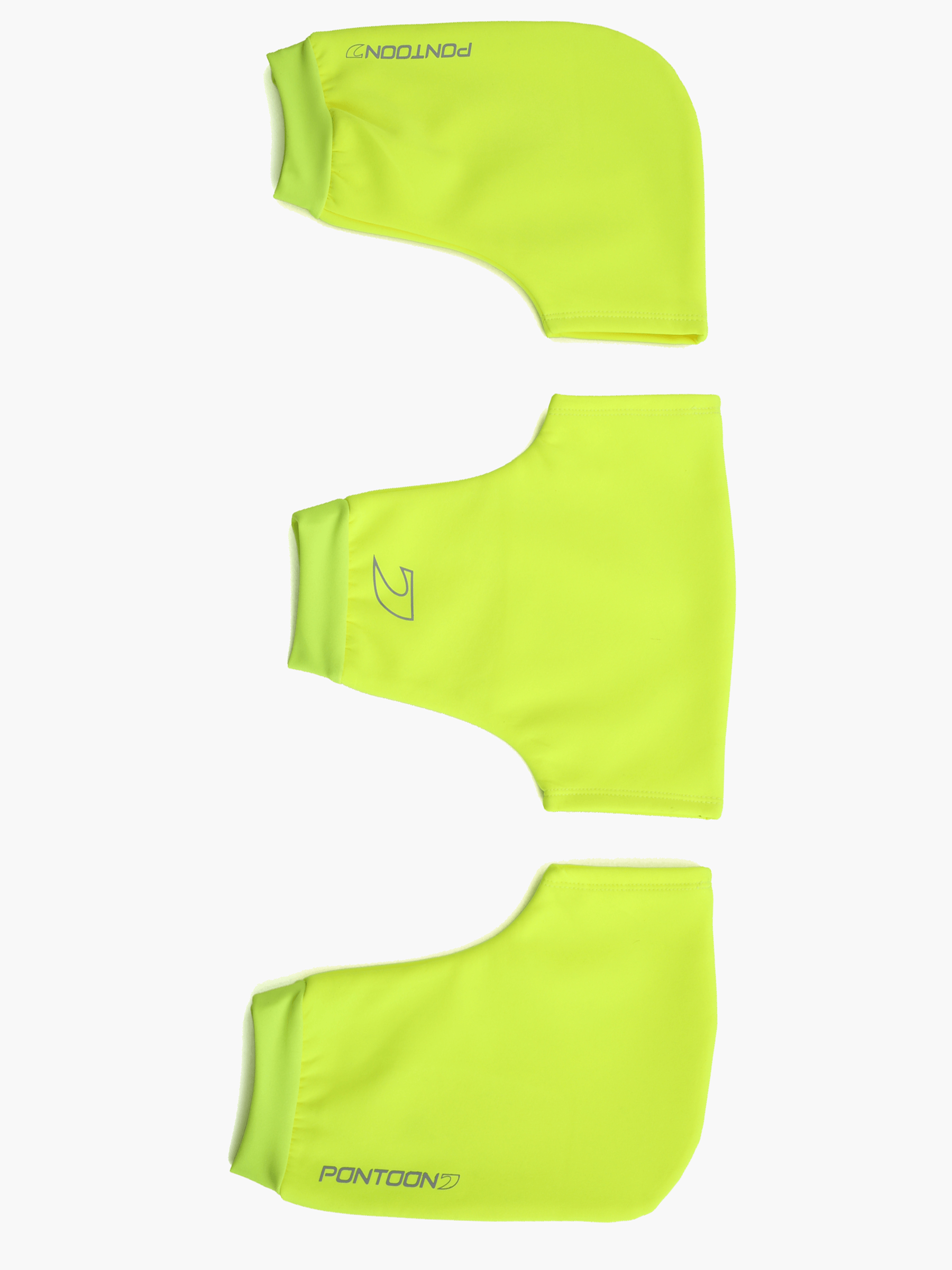 Top-down view of the Pontoon Rowing Pogies in high visibility green, showing the three-piece set designed for sculling and sweeping, made from waterproof fabric for thermal protection and optimal oar control.