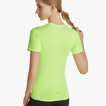 Back view of the SolarShield UVTee for Ladies in neon yellow, emphasizing its seamless construction, SPF 50+ fabric, and performance-focused design for rowing and paddling.