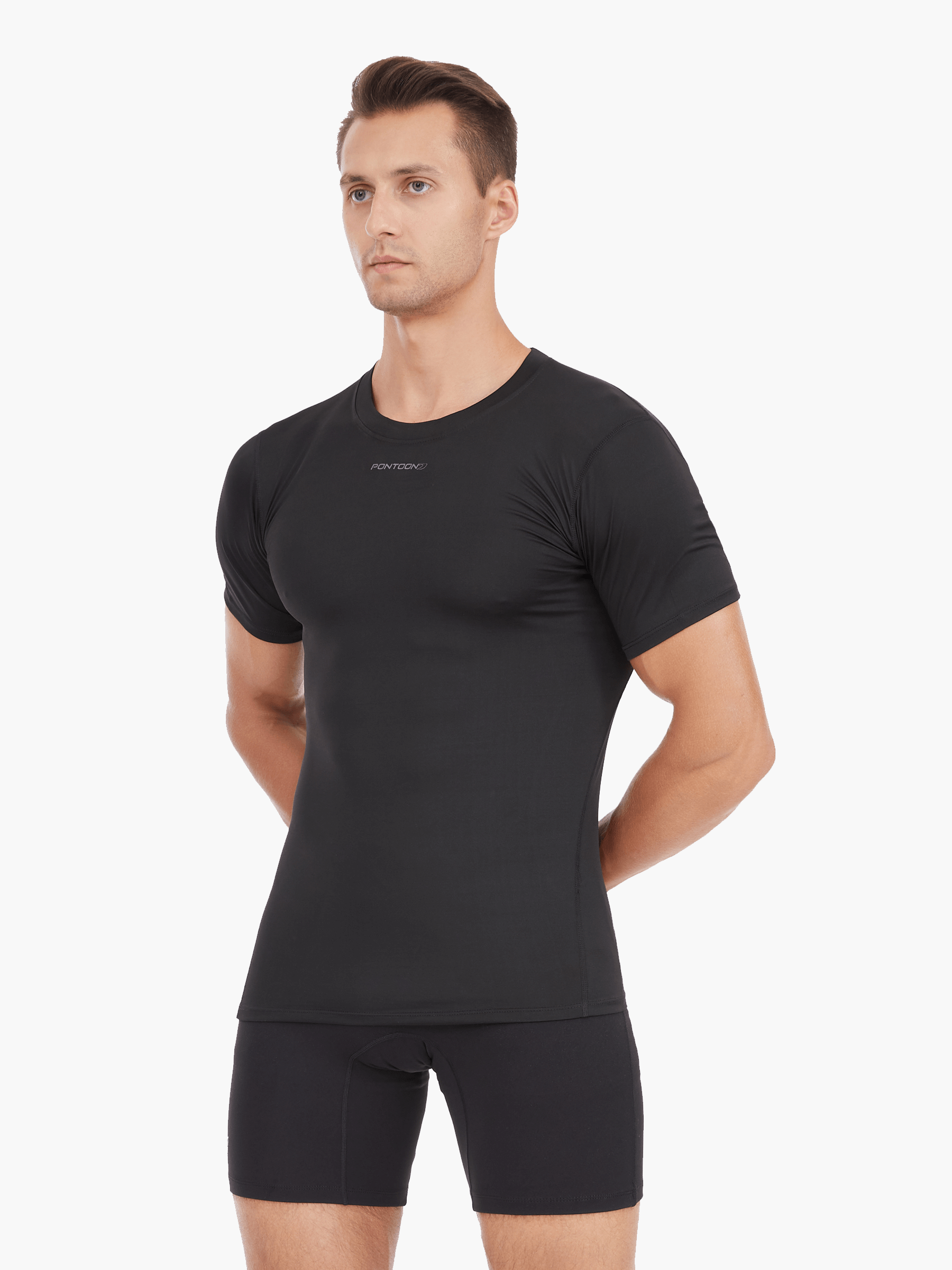 Front view of the Men’s UVTee Lightweight Baselayer by Pontoon in black, featuring ultra-lightweight technical fabrics, friction-free flatlock stitching, and UPF 50+ protection, ideal for rowing and outdoor activities.