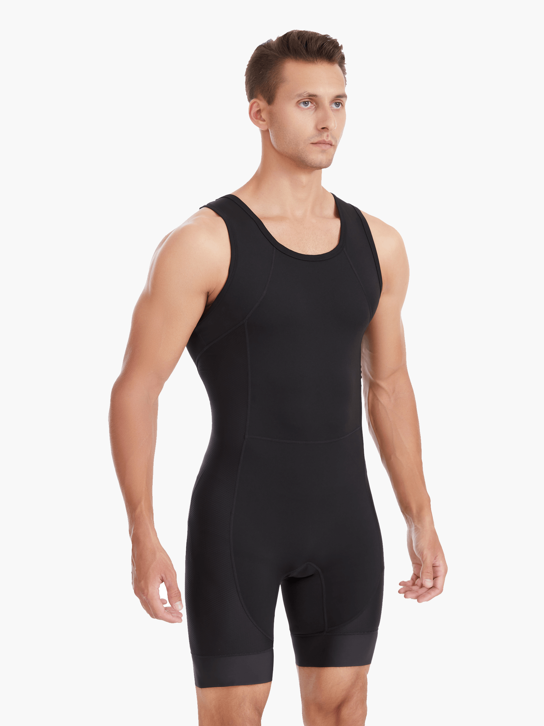 Front view of the Pontoon Performance AIO in black, emphasising the minimalist design, double-lined seat, and technical performance fabric designed for rowers.