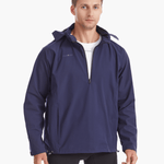 Front view of the SprayShield Pro Rowing Jacket in navy with the hood down, emphasizing its ergonomic design and high-cut front for unrestricted movement during rowing.