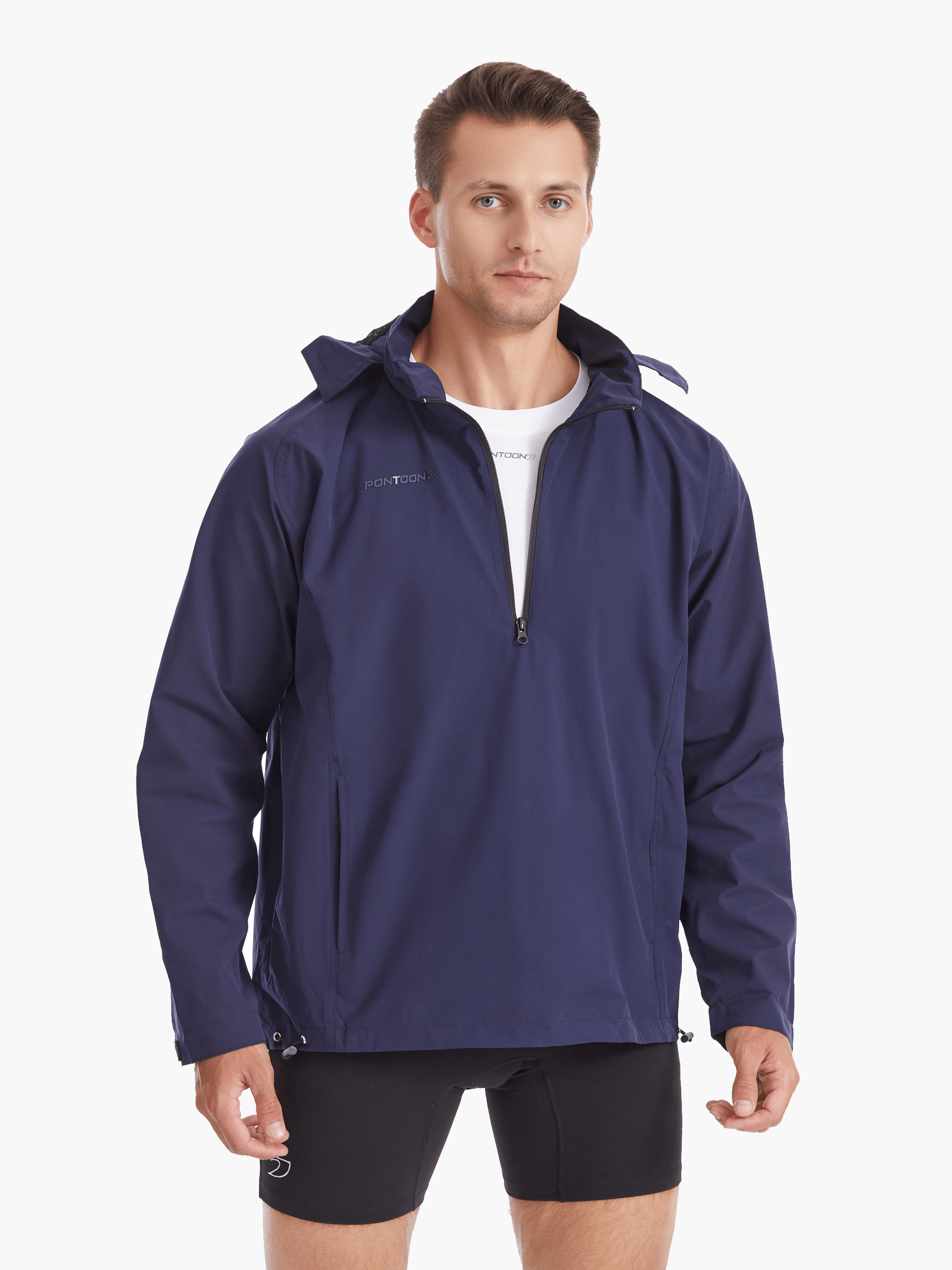 Front view of the SprayShield Pro Rowing Jacket in navy with the hood down, emphasizing its ergonomic design and high-cut front for unrestricted movement during rowing.