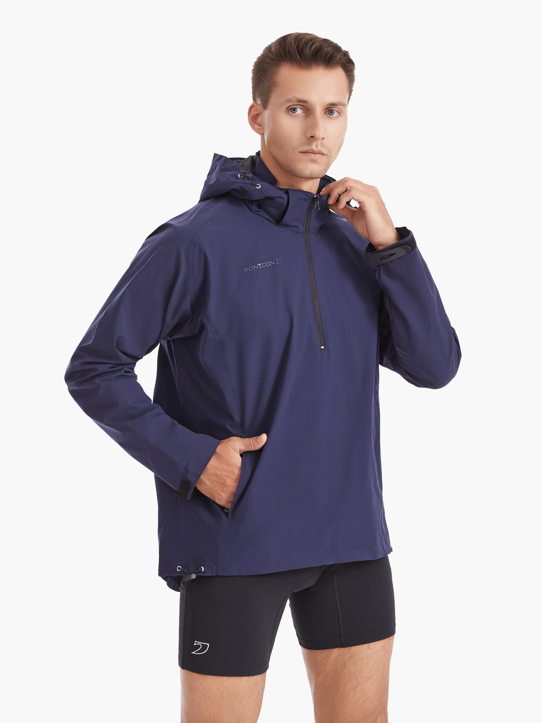 Front view of the SprayShield Pro Rowing Jacket in navy, featuring a fold-away hood, ergonomic fit, and 5000mm waterproof fabric designed for rowing and paddling.