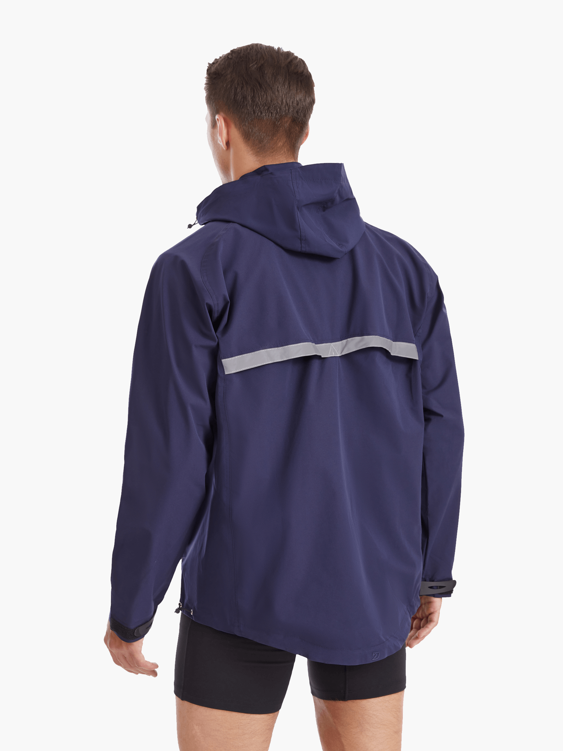 Back view of the SprayShield Pro Rowing Jacket in navy, showcasing the high-visibility reflective strip on the back flap for enhanced safety during rowing in low-light conditions.