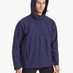Front view of the SprayShield Pro Rowing Jacket in navy with the hood up, highlighting its weather-ready construction and adjustable fit for protection during rainy rowing sessions.