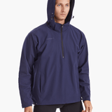 Front view of the SprayShield Pro Rowing Jacket in navy with the hood up, highlighting its weather-ready construction and adjustable fit for protection during rainy rowing sessions.