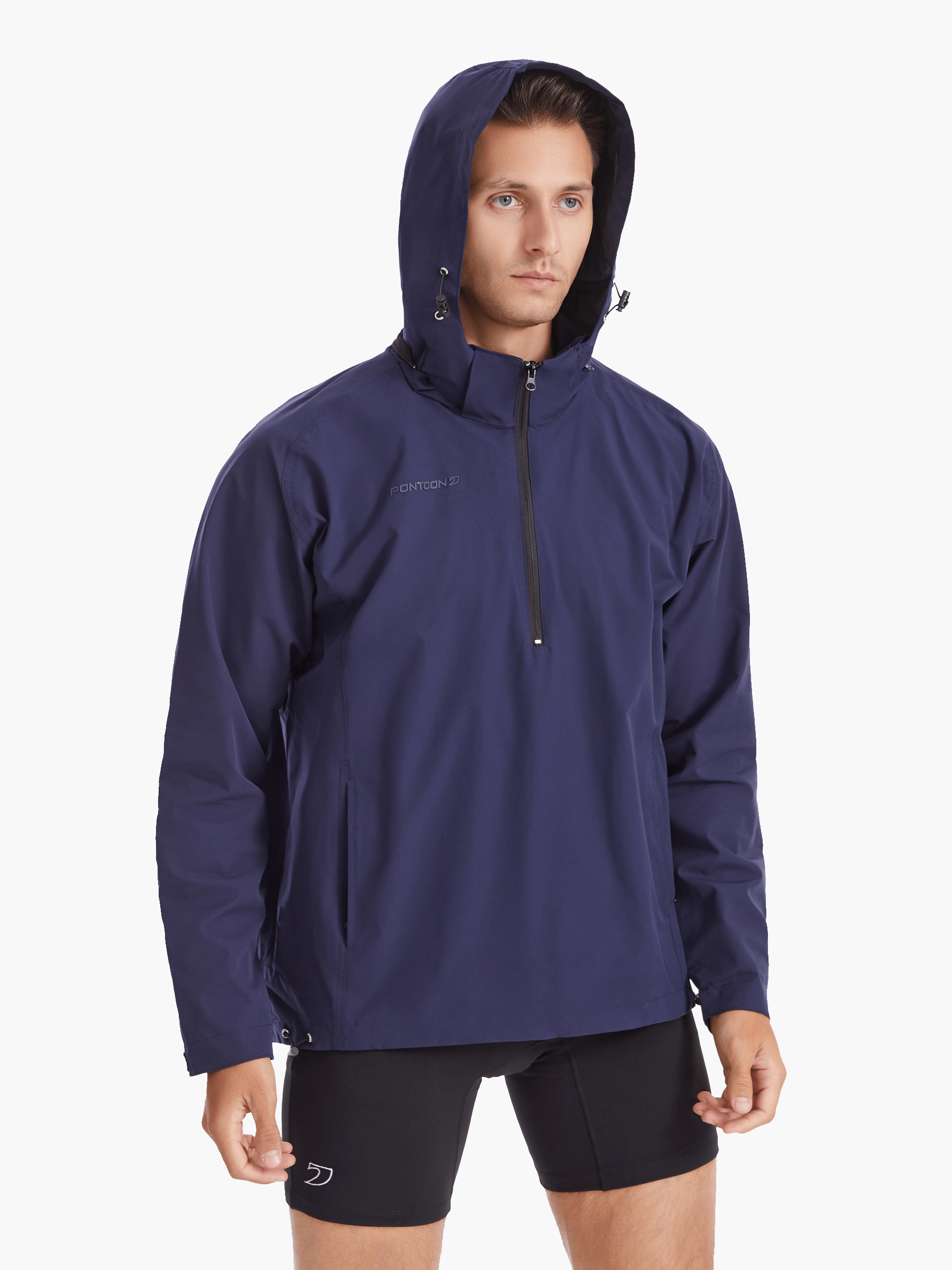 Front view of the SprayShield Pro Rowing Jacket in navy with the hood up, highlighting its weather-ready construction and adjustable fit for protection during rainy rowing sessions.