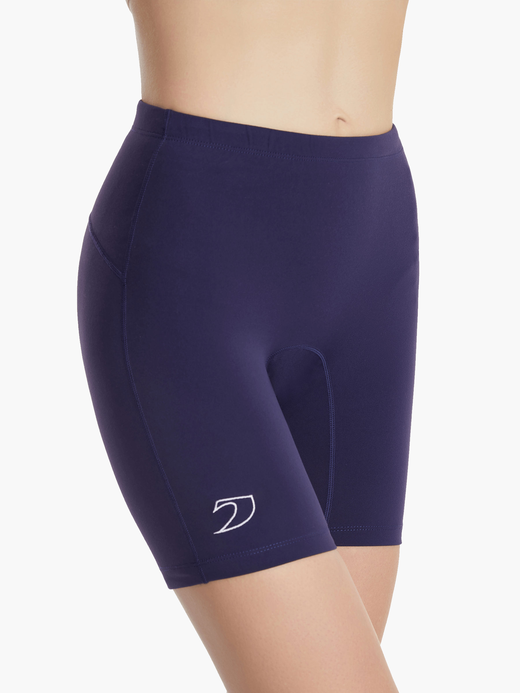 Front view of the Premium Osmotec Lycra Rowing Shorts, also known as rowing trou, in navy, featuring a lined seat for added comfort, flat-lock stitching, and a stretch waistband with drawstring for a secure fit during rowing.