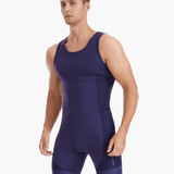 Side view of the Pontoon Performance Unisuit, showcasing over-the-shoulder straps, silicone leg grippers, and a sleek fit designed for elite rowing performance.