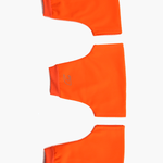 Top-down view of the Pontoon Rowing Pogies in high visibility orange, showing the three-piece set designed for sculling and sweeping, made with durable waterproof fabric for thermal protection and maximum oar control.