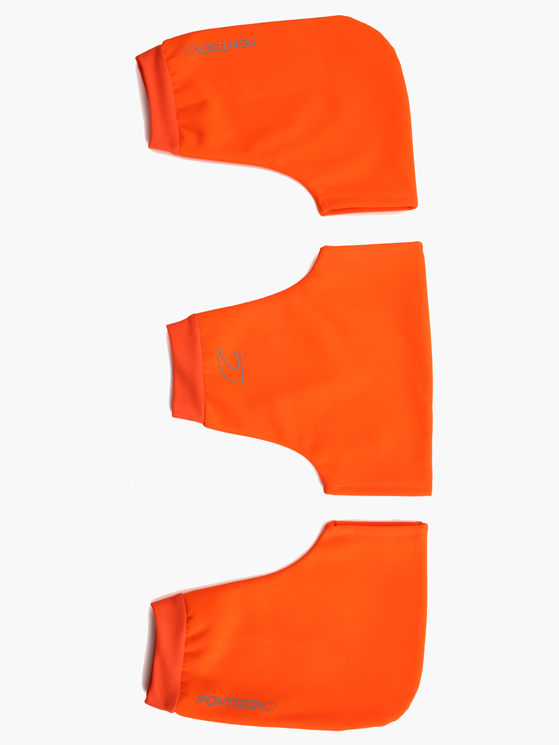 Top-down view of the Pontoon Rowing Pogies in high visibility orange, showing the three-piece set designed for sculling and sweeping, made with durable waterproof fabric for thermal protection and maximum oar control.