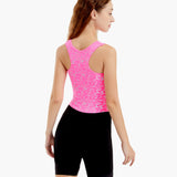Back view of the HighViz Women’s Reflective Rowing Suit showing the over-the-shoulder straps, bright pink reflective material, and black bottom for durability.