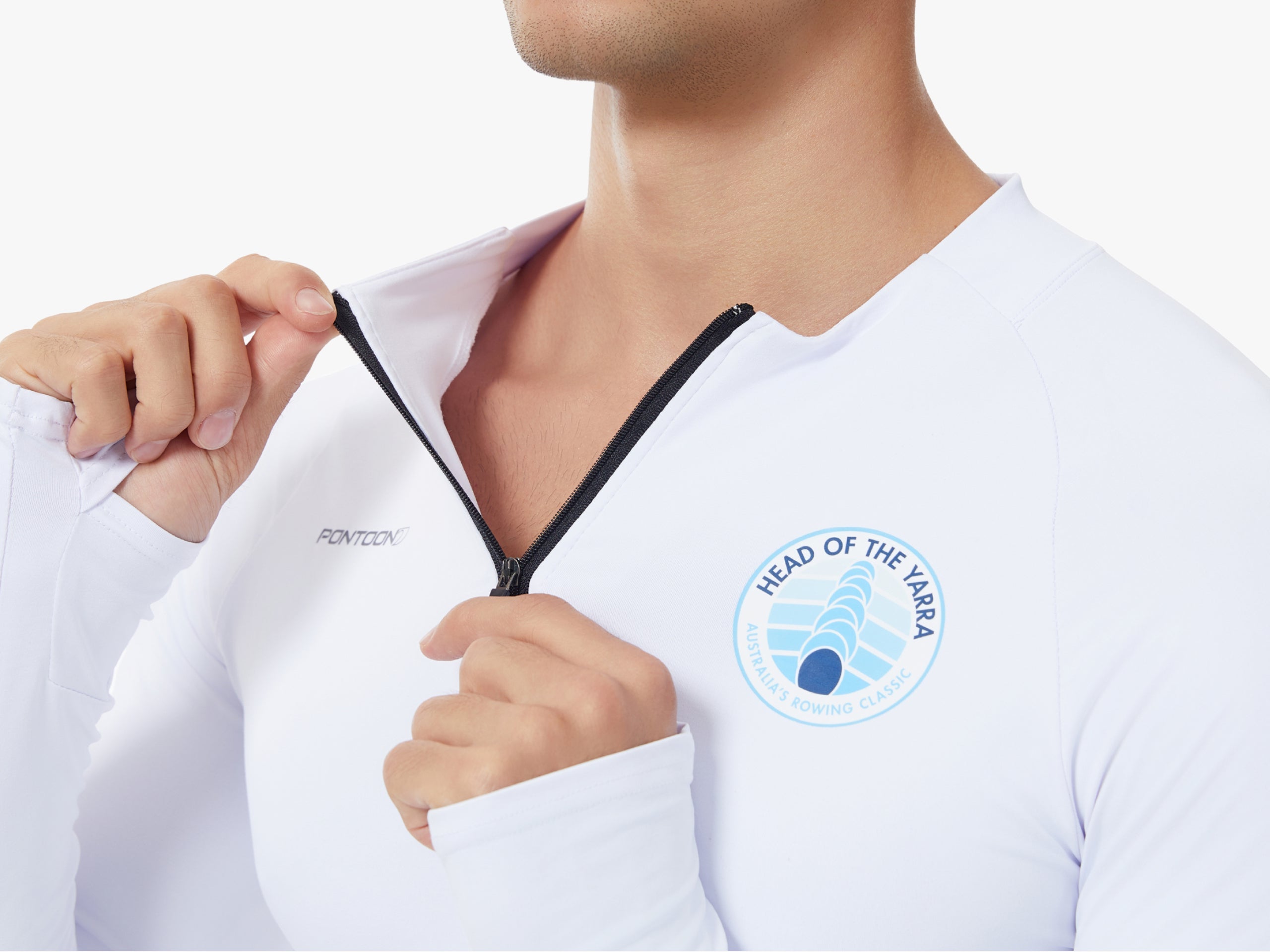 Paul wearing a white Long Sleeve UV Tee Baselayer with head of the yarra 2025 logo on the chest