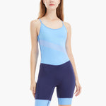 Front view of the Regatta Pro Women’s Elite Rowing Suit featuring a blue top with pink and green stripes and sleek navy bottom, designed for performance and comfort.