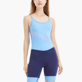 Front view of the Regatta Pro Women’s Elite Rowing Suit featuring a blue top with pink and green stripes and sleek navy bottom, designed for performance and comfort.