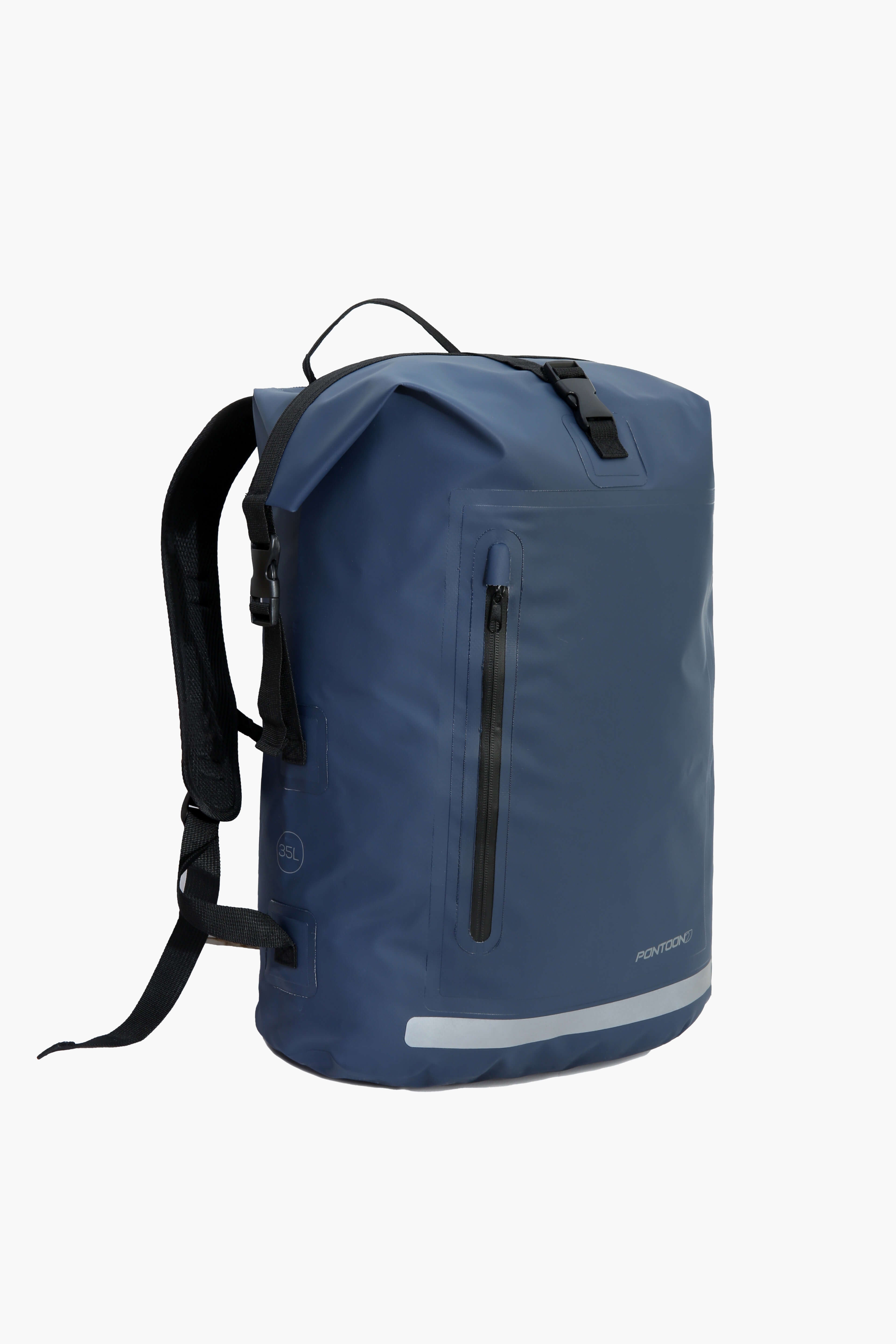 Side profile of the backpack, highlighting its streamlined shape and structure.