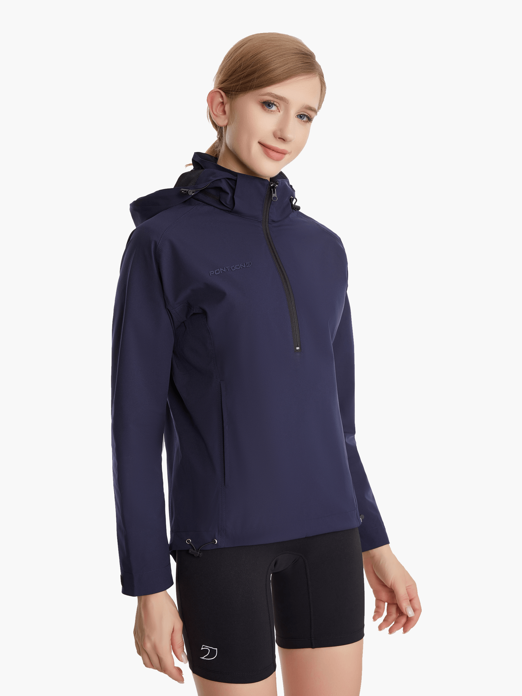 Angled side view of the SprayShield Pro Rowing Jacket in navy, highlighting its ergonomic design, practical side pockets, and durable waterproof construction for rowers.