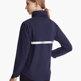 Back view of the SprayShield Pro Rowing Jacket in navy, showcasing the high-visibility reflective strip and adjustable fit for safety and comfort on the water.