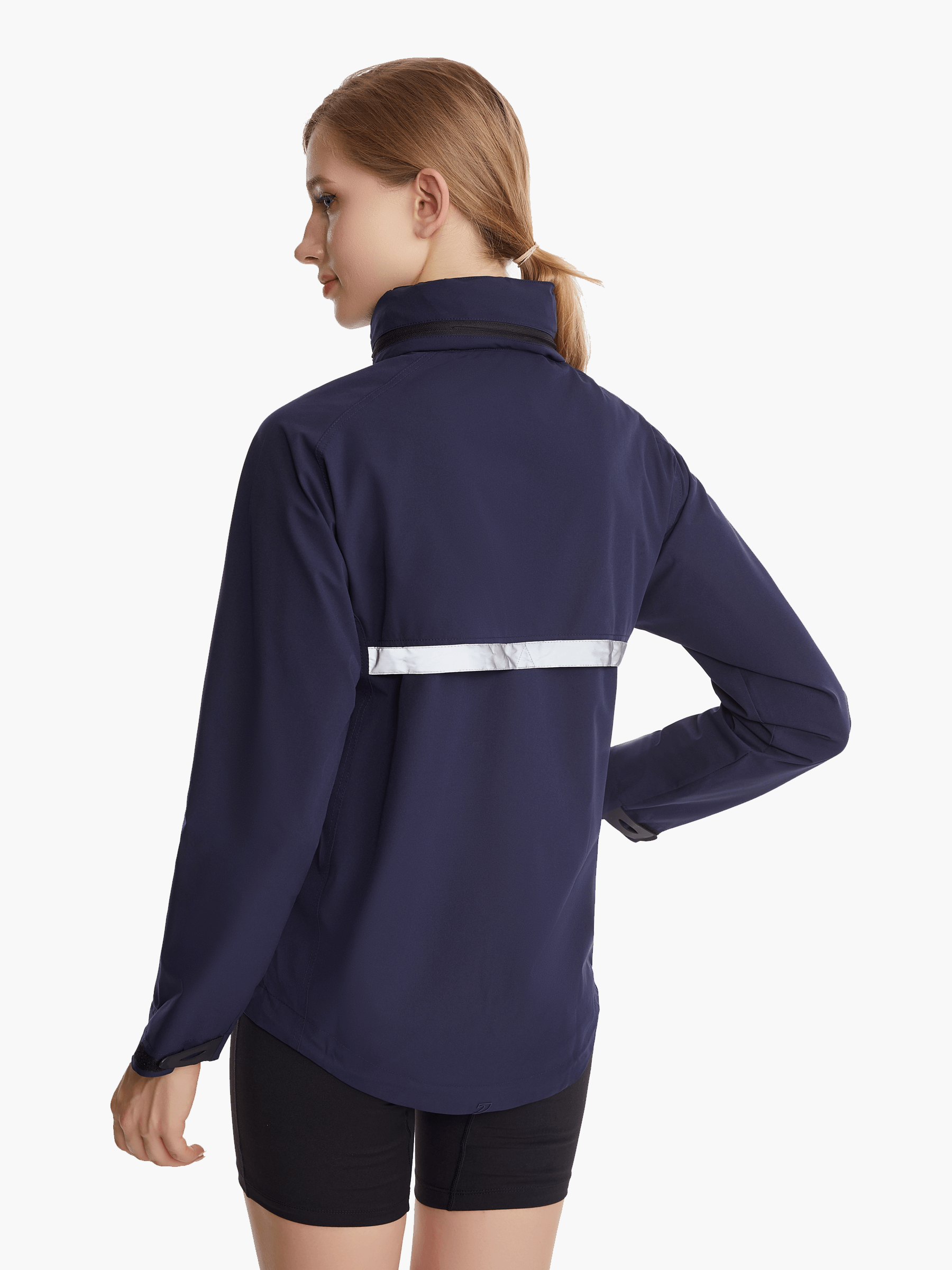 Back view of the SprayShield Pro Rowing Jacket in navy, showcasing the high-visibility reflective strip and adjustable fit for safety and comfort on the water.