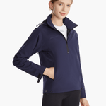 Front view of the SprayShield Pro Rowing Jacket in navy, featuring a scoop back, high-cut front, and 5000mm waterproof fabric for enhanced comfort and movement during rowing.