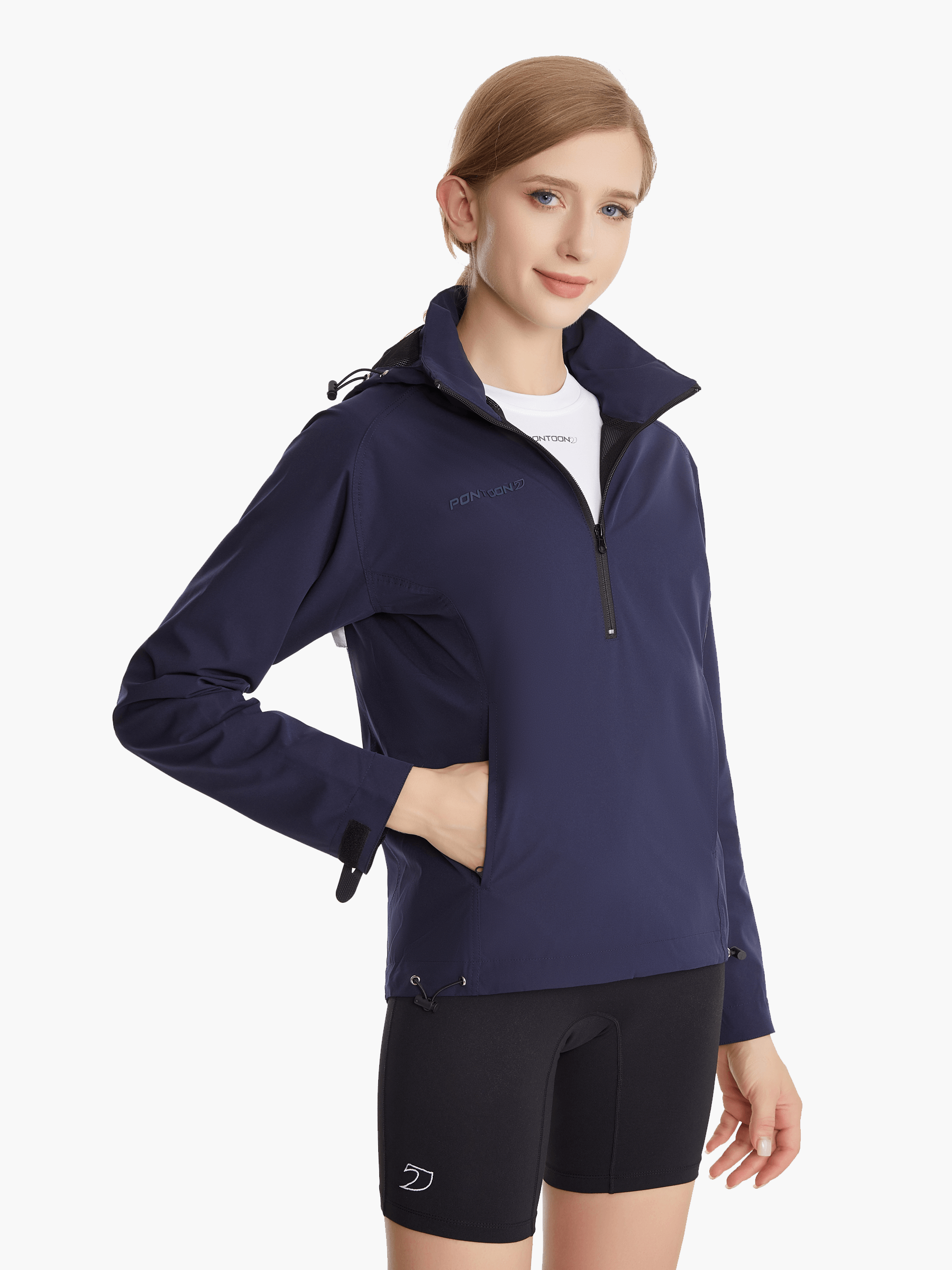 Front view of the SprayShield Pro Rowing Jacket in navy, featuring a scoop back, high-cut front, and 5000mm waterproof fabric for enhanced comfort and movement during rowing.
