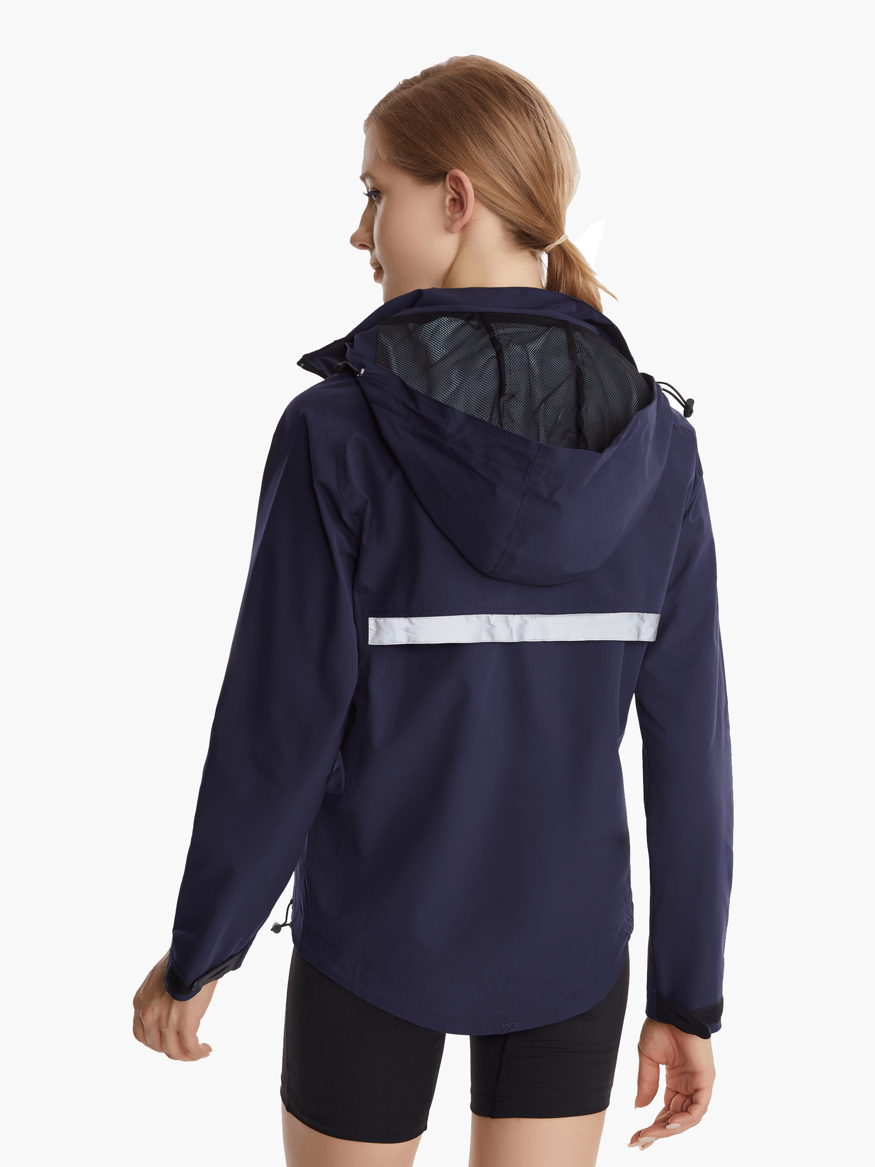 Back view of the SprayShield Pro Rowing Jacket in navy with the hood down, featuring adjustable toggles, ergonomic fit, and waterproof fabric for ultimate performance during rowing.