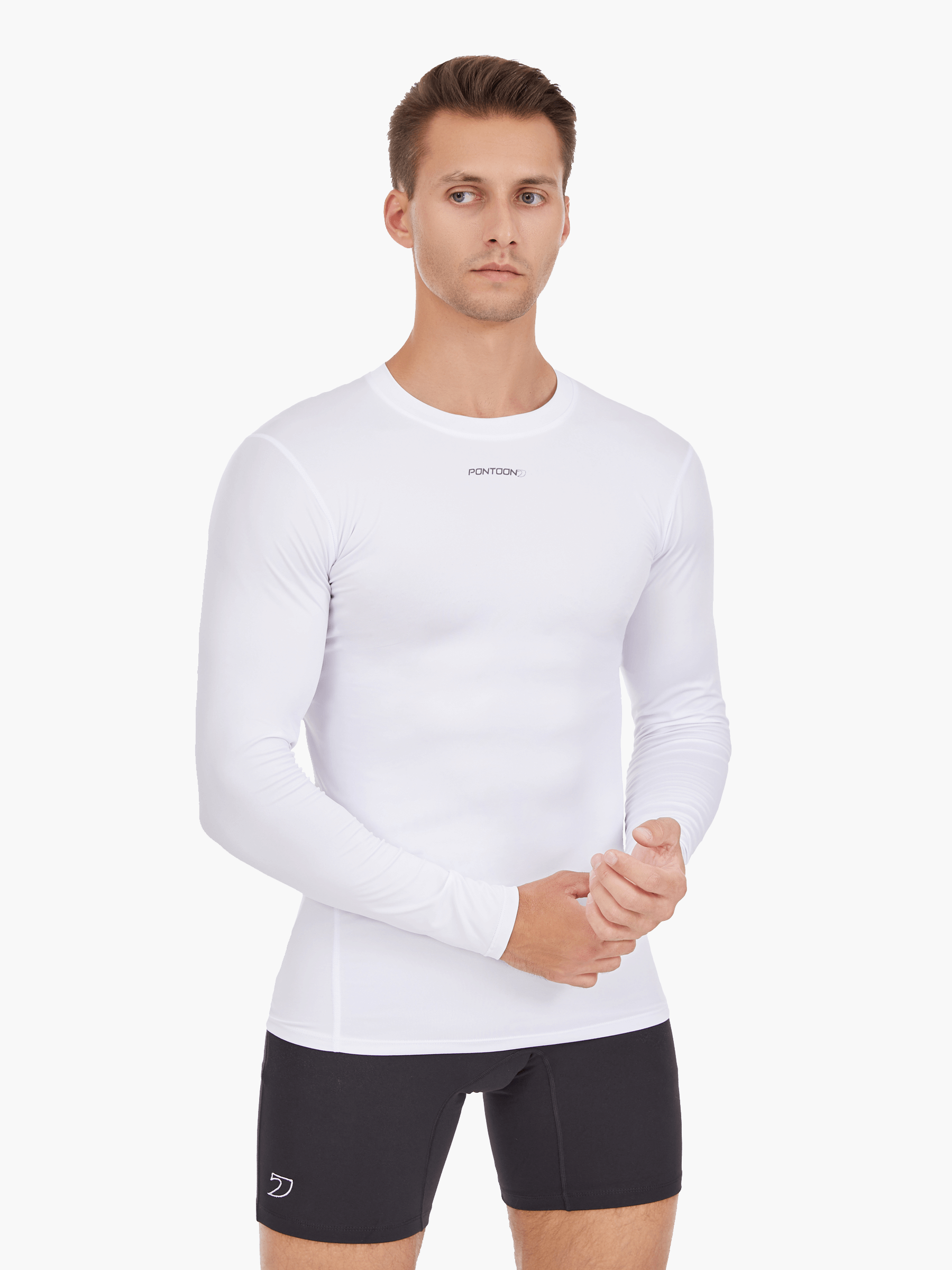 Front view of the Men’s UVTee Long Sleeve Baselayer in white, emphasizing its ergonomic fit, moisture-wicking properties, and athletic design for peak rowing performance.